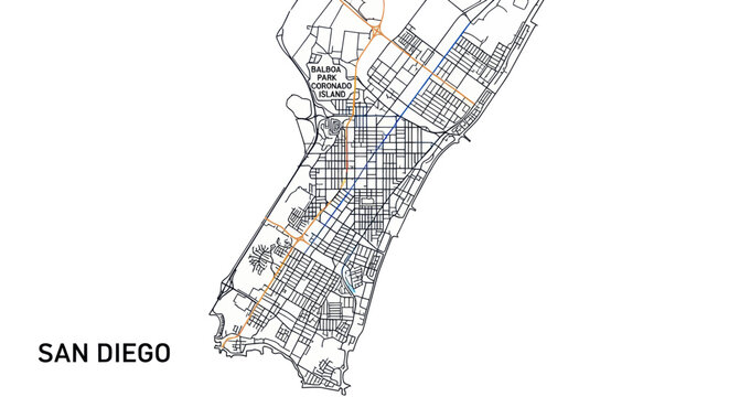 San Diego California City Map Blueprint Outline