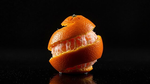 Artistic presentation of peeled tangerine on wet surface with dark background