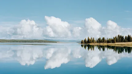 Poster Reflectie Calm lake landscape with fluffy white clouds reflected in still blue water and pine tree shoreline, scenic nature background for travel and outdoor content  © MakeStories.com