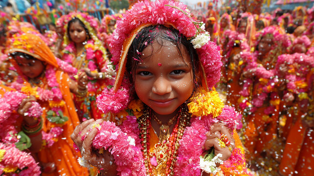 Celebration of the Birth Goddes Sita, Young girl covered in vibrant flower garlands during festive procession celebrating Goddess Sita birth representing devotion cultural heritage and joyful spiritua