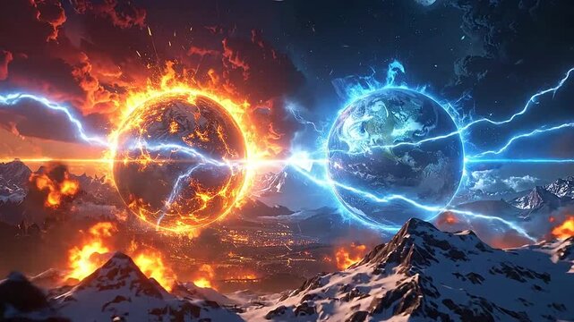 Two glowing planets collide above a snowy mountain range in deep space