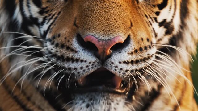 A striking portrait of a dangerous Bengal tiger captures the majestic feline head and piercing eyes of this striped wild predator in a close up of its orange and black fur
