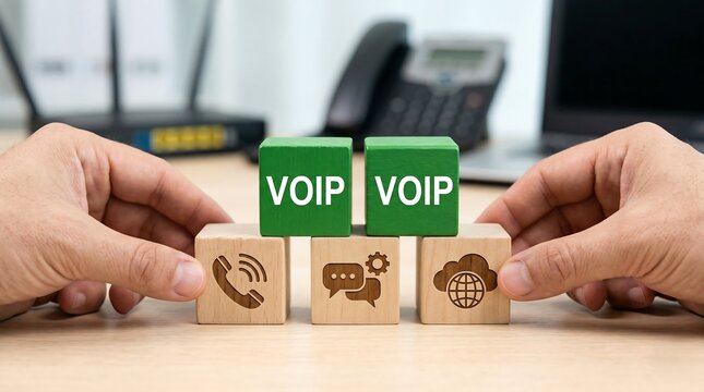 VOIP Telecommunication Technology concept. Business person holding styrofoam blocks with icons sees the acronym VOIP. IP Internet Protocol Telephony Connection Line. 4k image
