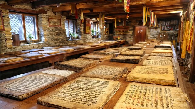 Tranquil Monastery Room Where Monks Meticulously Transcribe Ancient Texts