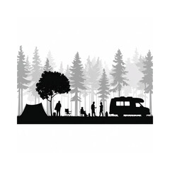 Obraz premium Silhouetted camping scene featuring a camper van and surrounding forest