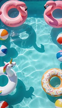 Vertical Video Inflatable pool summer fun float turquoise water with unicorn flamingo doughnut and beach ball toys for vacation holiday recreation colorful plastic ring crystal water outdoor backyard