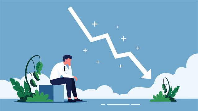 Businessman sitting in despair next to wilting plants while a white arrow points downwards to symbolize financial loss and failure.