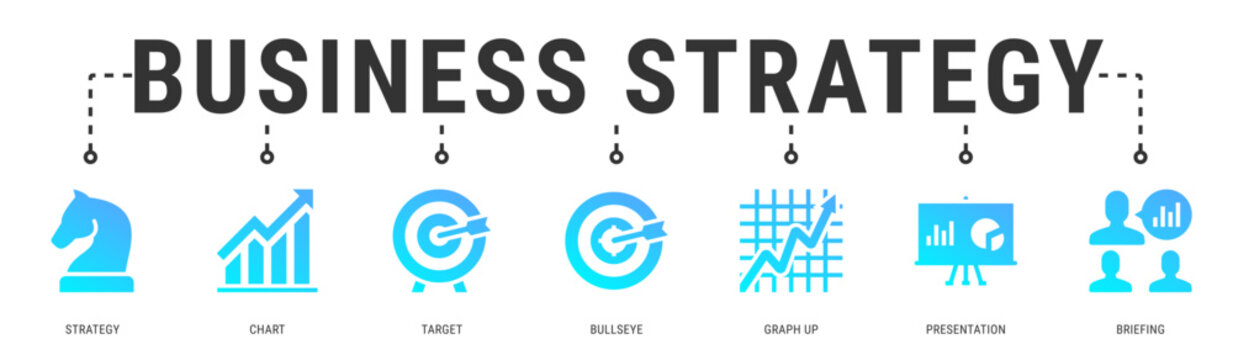 Business Strategy web banner icon vector illustration featuring Strategy, Chart, Target, Bullseye, Graph Up, Presentation and Briefing