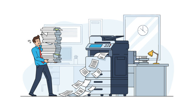 Stressed office worker carries a massive stack of papers past a busy copy machine while documents fly around in a cluttered office.
