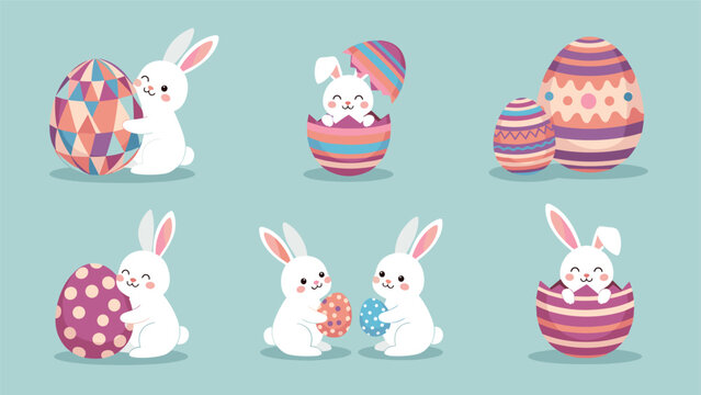 Set of cute white Easter bunnies playing with colorful patterned eggs and popping out of broken eggshells on a light blue background.