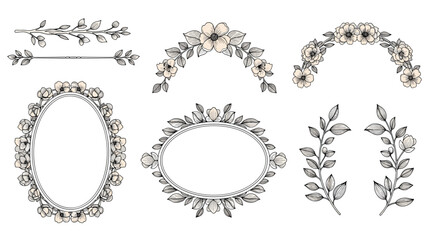 Obraz premium Set of vintage style floral frames, borders, and decorative elements hand drawn with fine lines and delicate details for stationery.