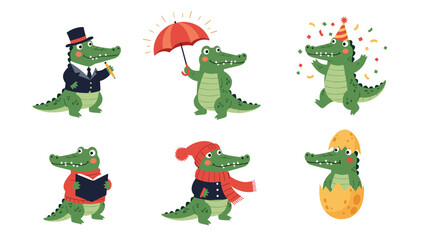 Fototapeta premium Series of cute green crocodile characters engaged in various activities like reading, celebrating, and wearing different outfits.