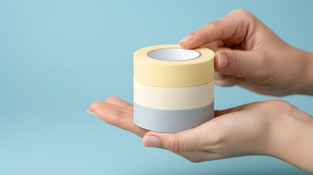 Artistic Tape Collection: A pair of hands delicately displays a stack of colorful tapes. A curated display of artistic supplies and creative projects, perfect for craft projects.
