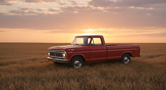Red pickup truck in a wheat field during sunset