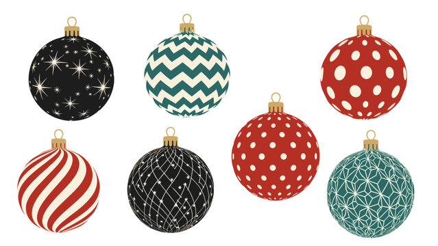 Collection of seven vibrant Christmas bauble ornaments featuring various festive patterns like stars, zig-zags, polka dots, and intricate geometric designs.