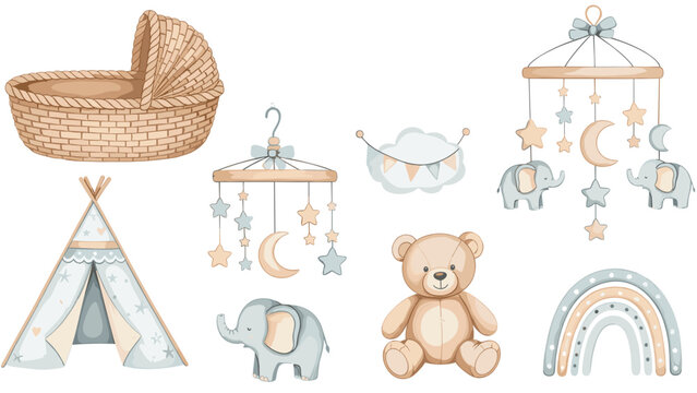 Soft baby nursery decor collection with wicker bassinet hanging mobile teepee tent teddy bear and plush elephant.