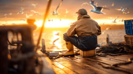 Fototapeta premium Tired Fisherman Sitting on Wooden Deck of Fishing Boat at Sunset