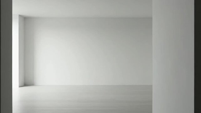 A minimalist empty room with white walls and a smooth wooden floor