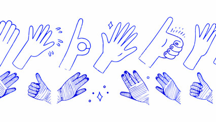 Fototapeta premium Collection of hand gestures and signs drawn in a simple blue line style