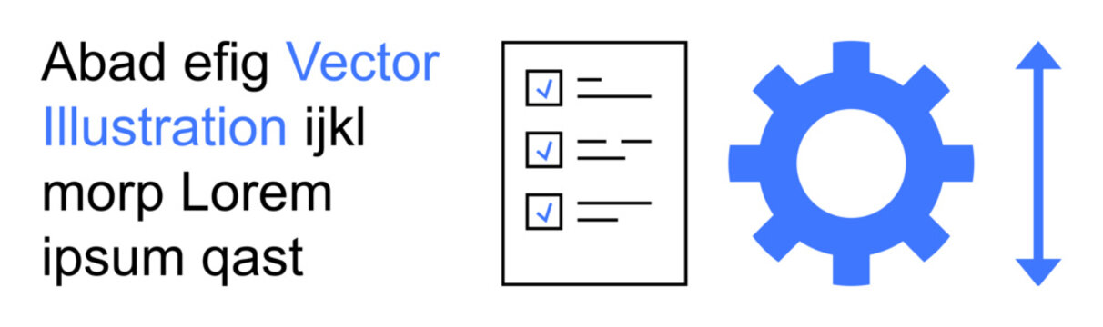 Task management, system preferences, customization, productivity tools, adjustment, workflow optimization. Gear icon, checklist with tick marks up-down adjustable arrow. Task management and system