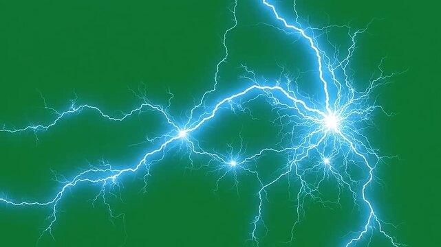 Bright blue electrical lightning bolts flashing against a solid green background