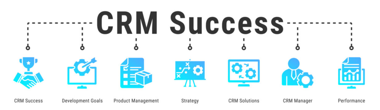 CRM Success web banner icon vector illustration with CRM Success, Development Goals, Product Management, Strategy, CRM Solutions and CRM Manager