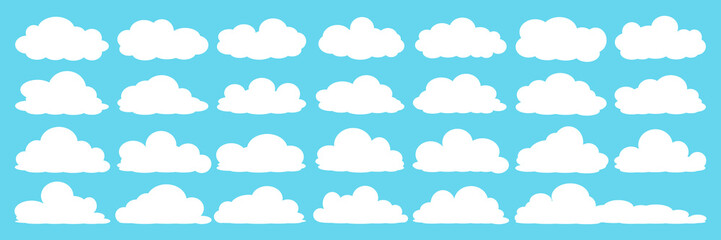 Fototapeta premium set of vector illustrations of clumpy clouds, cloud bubbles in flat style on a blue background