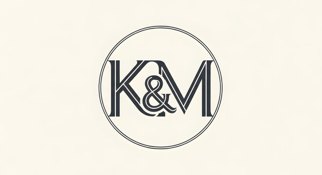 Elegant circular monogram featuring the letters K and M intertwined with an ampersand in a classic serif typography style