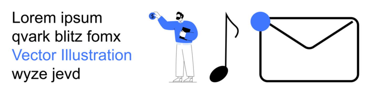Digital interaction, messaging alert, music communication, email notification, creative expression, modern design. Person holding an item next to a musical note and envelope. Messaging alert