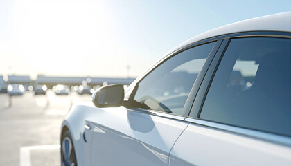 Naklejka premium Automotive Elegance in Sunlight: An aesthetic car profile in a sunny parking lot. Its sleek design gleaming under the warm sunlight, it's a scene of modern mobility and design.