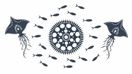 Stylized illustration of manta rays fish and a circular pattern © Indira