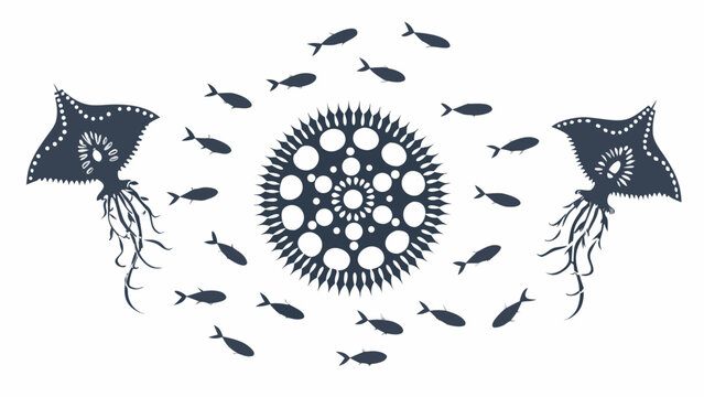 Stylized illustration of manta rays fish and a circular pattern