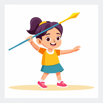 A cheerful cartoon girl practices javelin throwing, demonstrating athletic skill and determination.