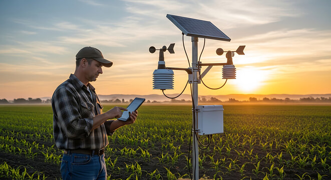 Man monitors weather station in green field at sunset with tablet