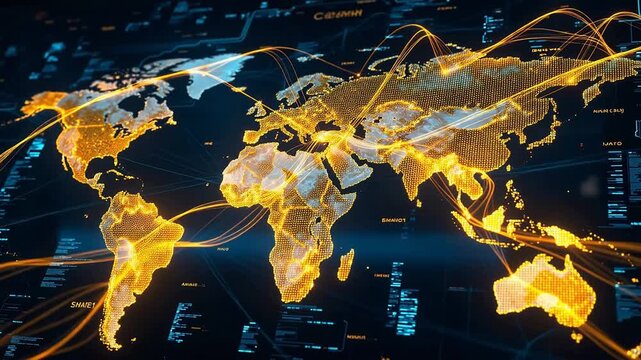 Global Digital Network Abstract World Map with Glowing Data Lines Visualizing Internet Connectivity, Communication, and Technology Flow