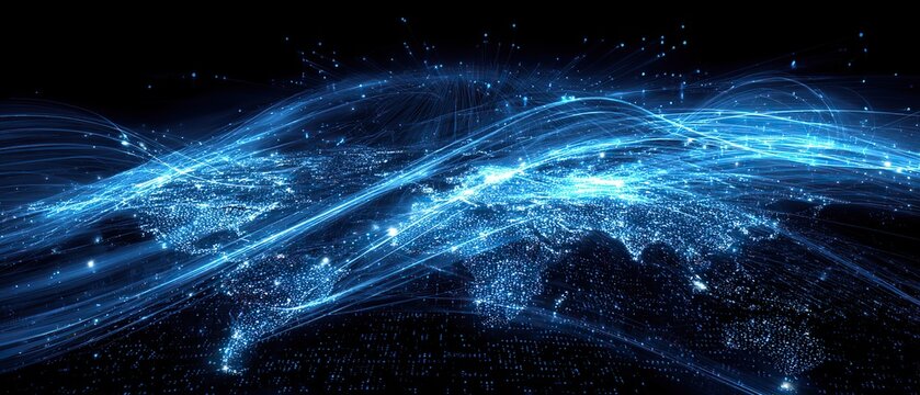 Abstract tech background with glowing particle world map outline, blue data streams symbolizing global network and digital connectivity.