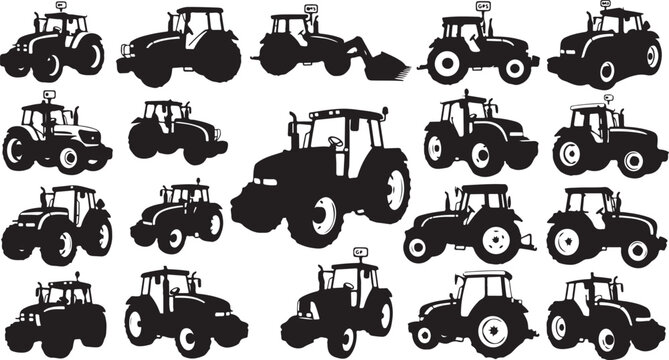 Collection of tractor silhouettes in various positions and angles
