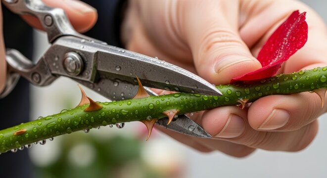 Hands cutting rose stem with pruning shears.