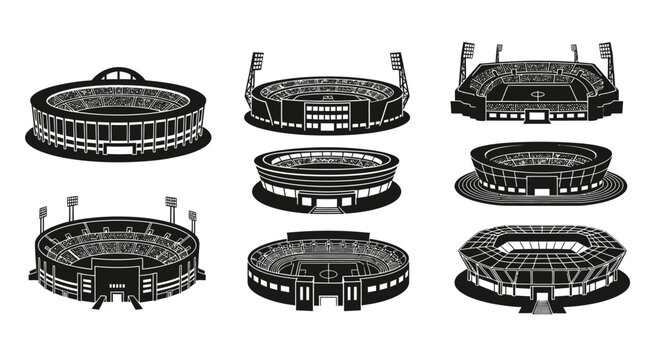Collection of Stadium Silhouettes: Sports Arenas, Football, Soccer, and Concert Venues