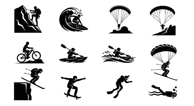 Extreme Sports Icons: Set of 12 Black Silhouettes Representing Adventure Activities