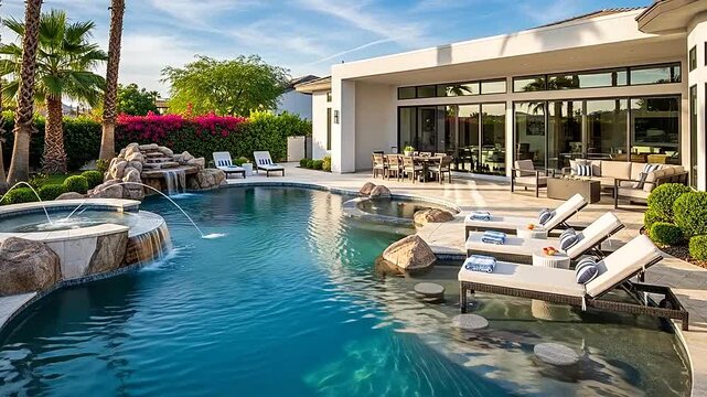 A luxurious modern backyard with a swimming pool and comfortable lounge chairs
