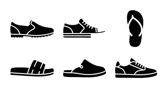 Collection of Black Shoe Icons: Sneakers, Slip-ons, Slides, and Flip-flops