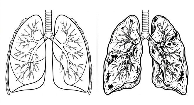Healthy Lungs vs. Smoker's Lungs Comparison Line Art Vector