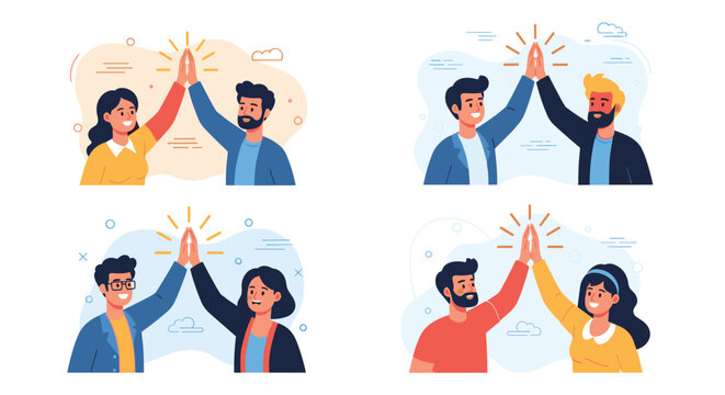 Set of diverse men and women giving high-fives to celebrate success teamwork and positive cooperation in professional and casual settings.