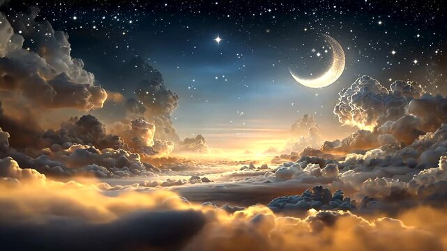 A celestial scene depicts a crescent moon, stars, and clouds painted in shades of orange and blue