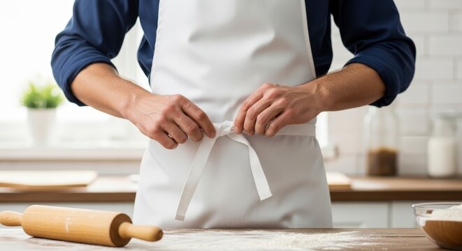 Person in kitchen tying apron strings.