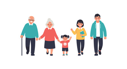 Fototapeta premium Multigenerational family group including grandparents, parents, and a young child walking together and smiling with happiness.