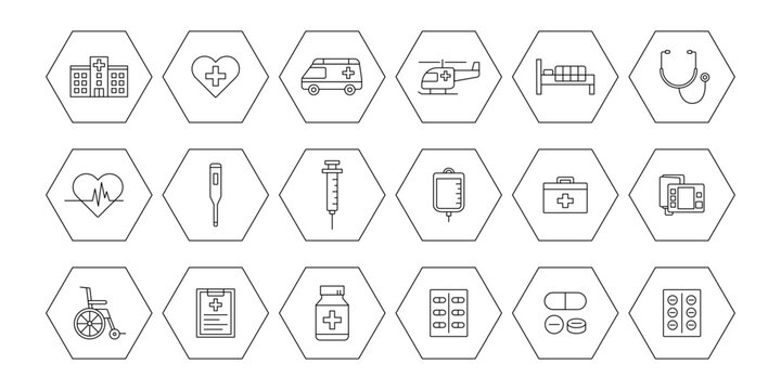 六角形のフレームで囲まれた医療に関するアイコンセット