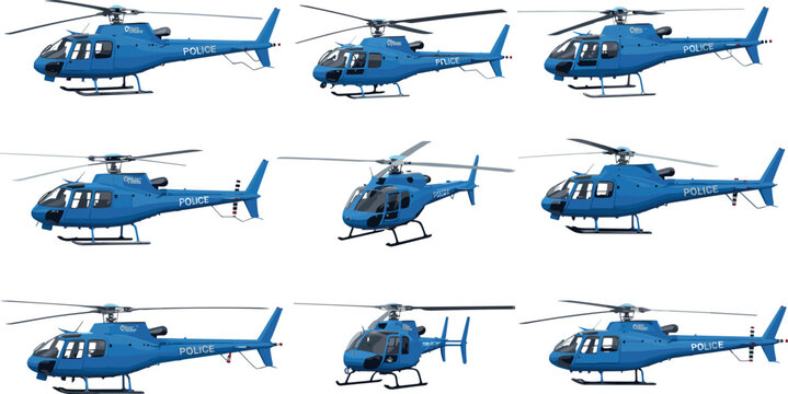 Blue helicopter collection detailed rescue and transport chopper set modern aviation aircraft illustration isolated vector bundle for design projects