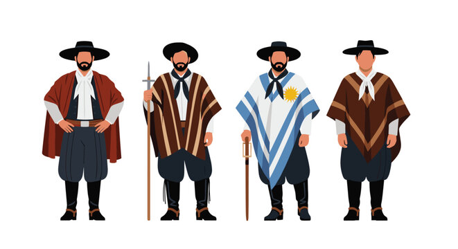 Four men dressed in traditional South American gaucho attire including ponchos, hats, and boots representing cultural heritage and history.